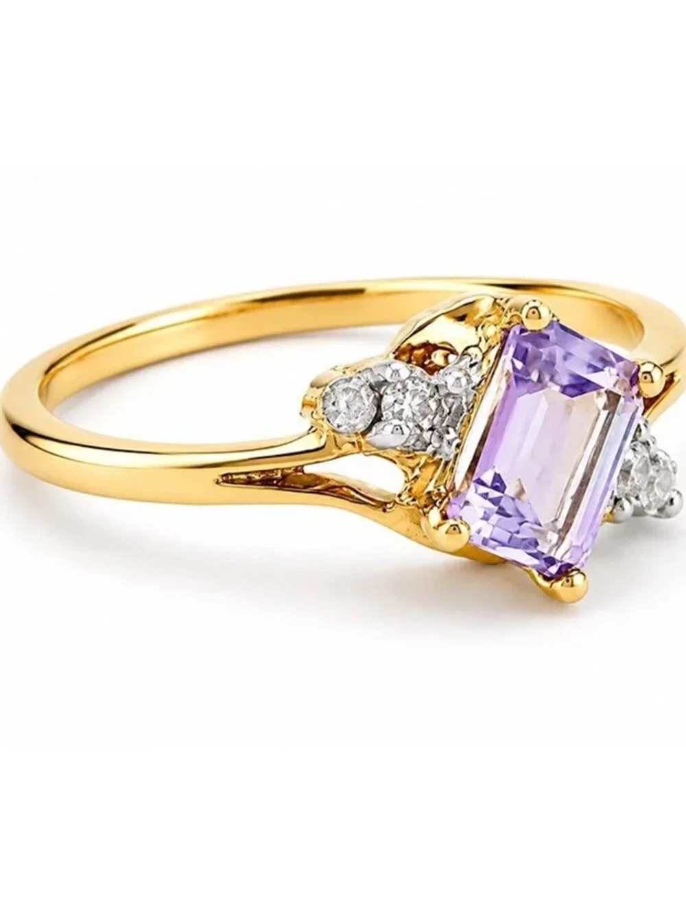Genuine 1.46 Cts Amethyst & Diamonds Ring 10k Yellow Gold